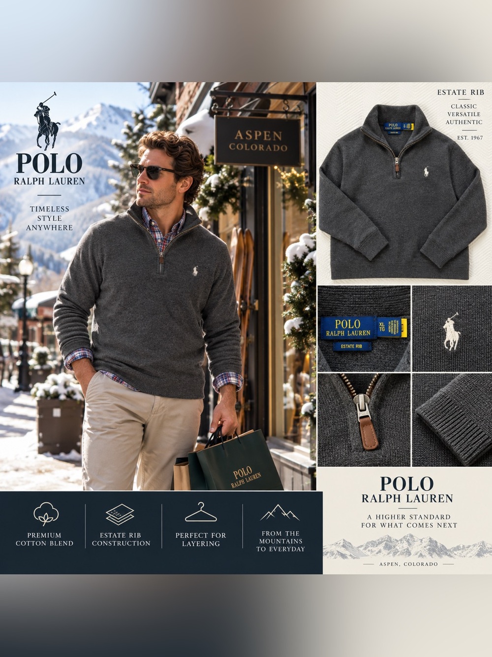 Ralph Lauren Men's Charcoal Gray Half-Zip Sweater